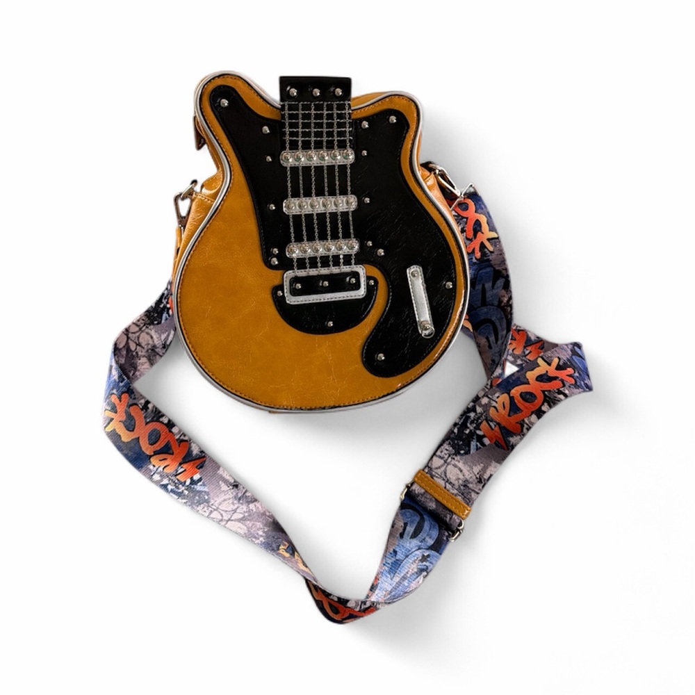 Guitar Shaped Crossbody Bag with Graphic Strap